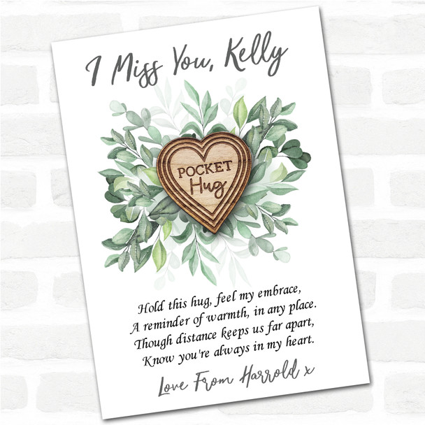 Hearts Pattern Green Leaves I Miss You Personalised Gift Pocket Hug