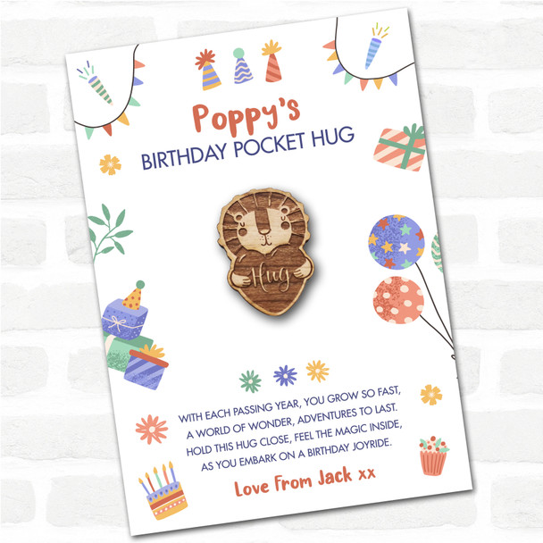 Lion And love Heart Kid's Birthday Hats Cakes Personalised Gift Pocket Hug