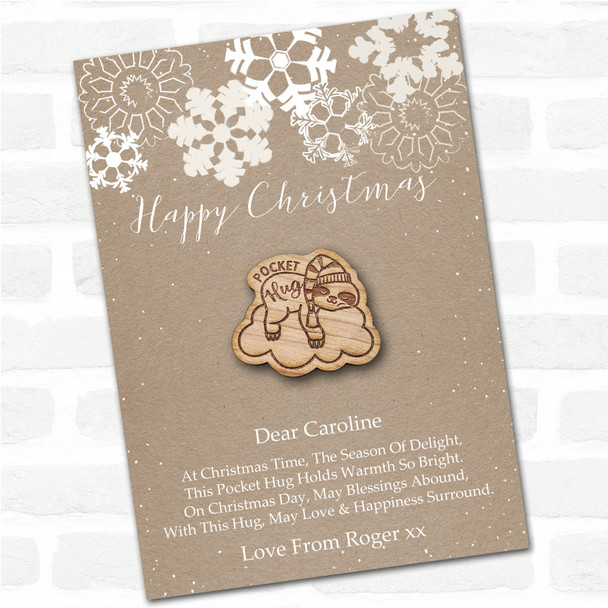 Sleepy Sloth On A Cloud Snowflakes Happy Christmas Personalised Gift Pocket Hug