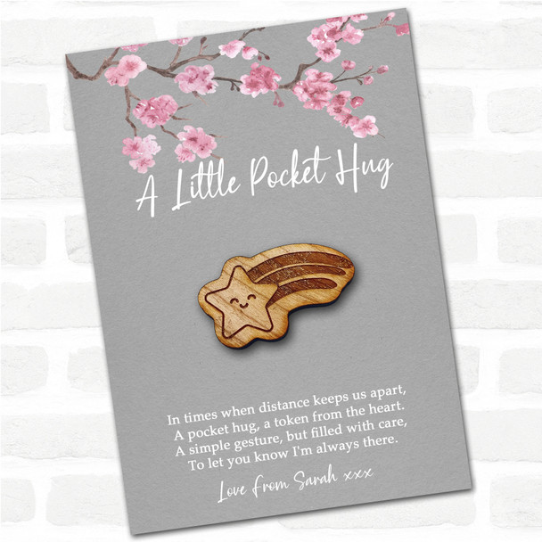 Smiley Shooting Star Grey Pink Blossom Personalised Gift Pocket Hug