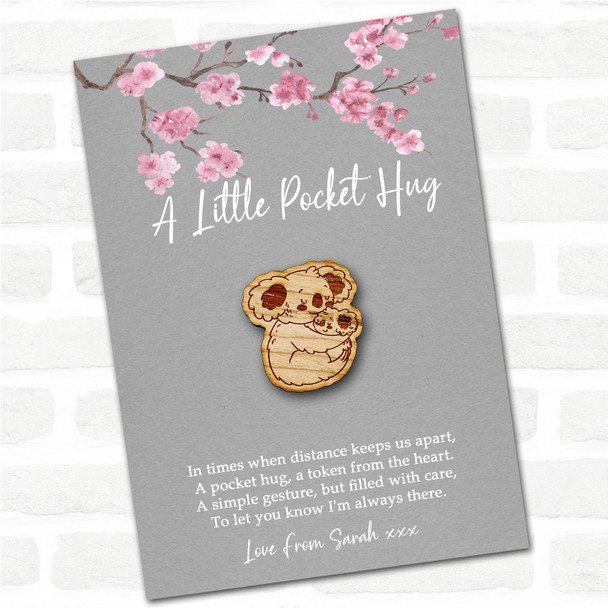 Parent & Baby Koala Cuddling Grey Pink Blossom Personalised Gift Pocket Hug