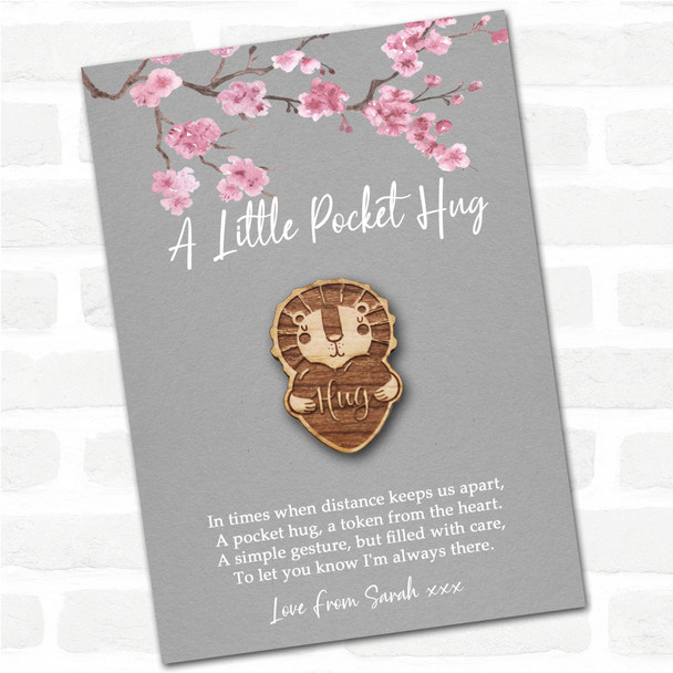 Lion And love Heart Grey Pink Blossom Personalised Gift Pocket Hug