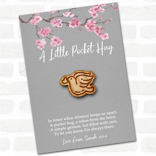 Dove A Heart In Mouth Grey Pink Blossom Personalised Gift Pocket Hug