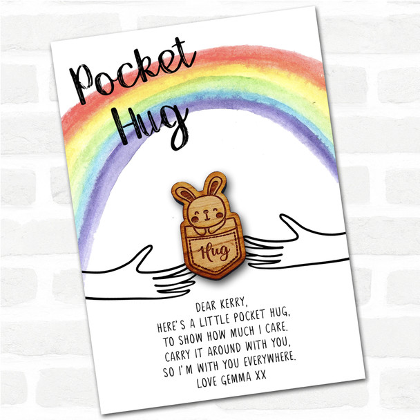 Cute Bunny In A Pocket Rainbow Personalised Gift Pocket Hug