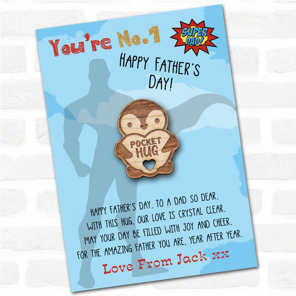Penguin Holding Heart Superhero Dad Father's Day Personalised Gift Pocket Hug Penguin Holding Heart Superhero Dad Father's Day Personalised Gift Pocket Hug