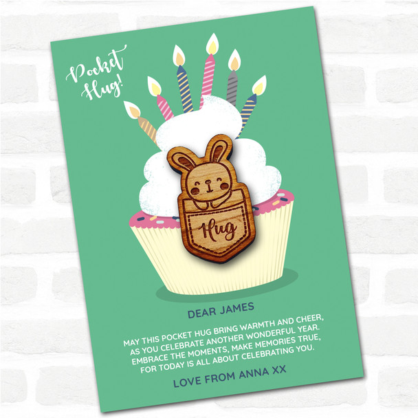 Cute Bunny In A Pocket Cupcake Happy Birthday Personalised Gift Pocket Hug