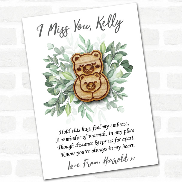 Parent and Baby Bear Green Leaves I Miss You Personalised Gift Pocket Hug