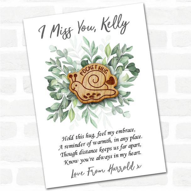 Snail & A Heart Green Leaves I Miss You Personalised Gift Pocket Hug