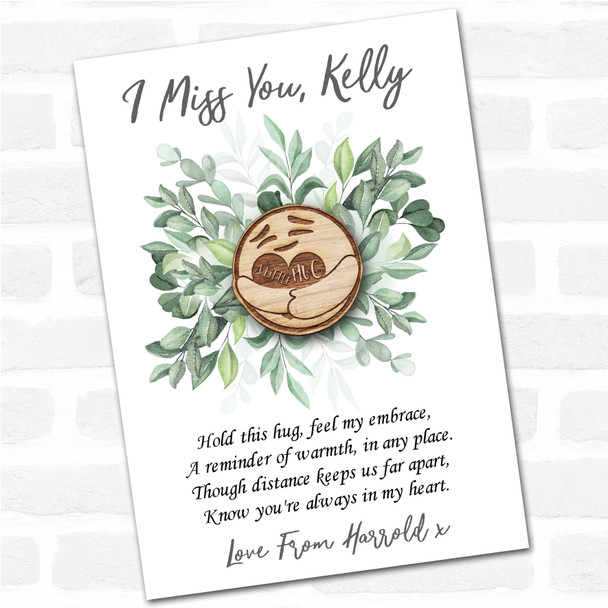 Smiling Face Green Leaves I Miss You Personalised Gift Pocket Hug