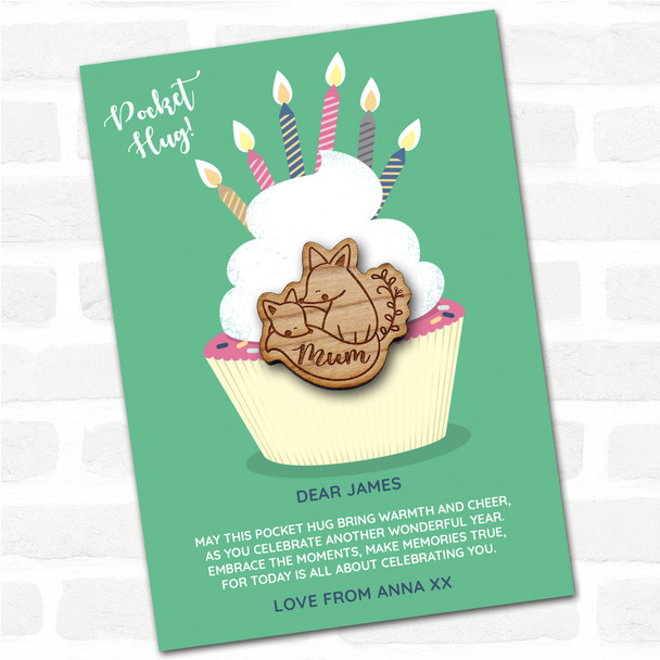 Fox Parent & Sleepy Cub Cupcake Happy Birthday Personalised Gift Pocket Hug
