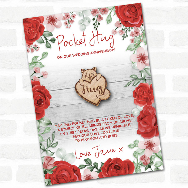 Smiling Cat Love Heart Roses Wedding Anniversary Personalised Gift Pocket Hug