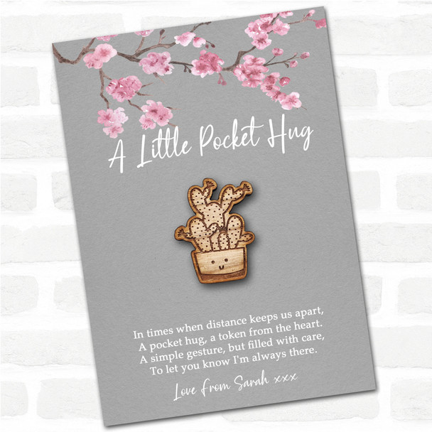 Big Spotty Cactus Pot Smiling Grey Pink Blossom Personalised Gift Pocket Hug