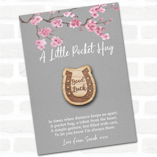 Lucky Horseshoe Grey Pink Blossom Personalised Gift Pocket Hug