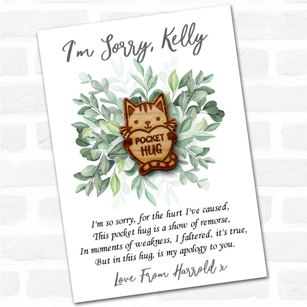 Cat Holding Love Heart Leaves I'm Sorry Apology Personalised Gift Pocket Hug