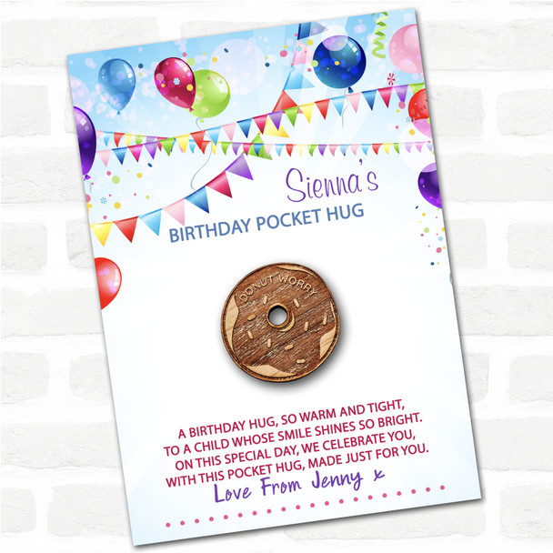 Donut Icing & Kid's Birthday Balloons Personalised Gift Pocket Hug