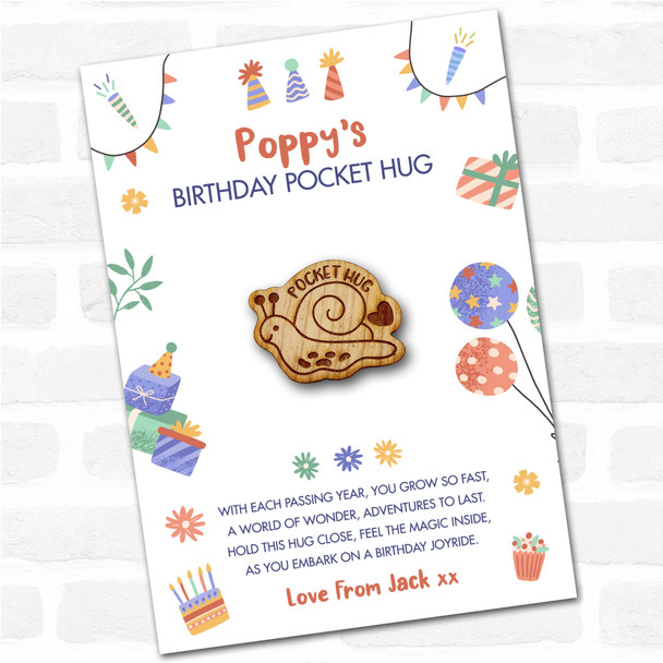 Snail & A Heart Kid's Birthday Hats Cakes Personalised Gift Pocket Hug