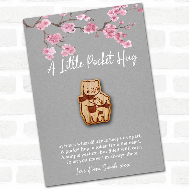 2 Bears In Scarves Cuddling Grey Pink Blossom Personalised Gift Pocket Hug
