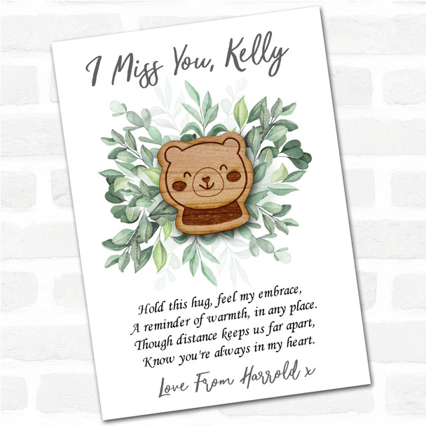 Teddy Bear Face Green Leaves I Miss You Personalised Gift Pocket Hug