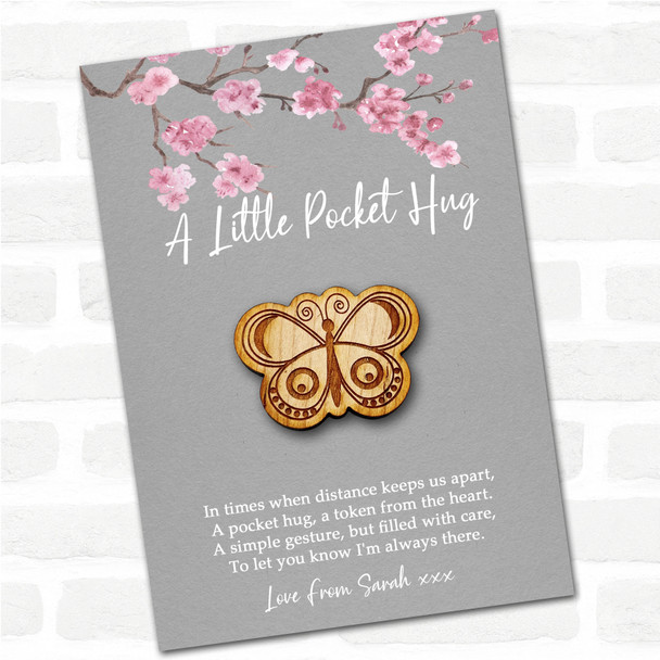 Butterfly Spots Grey Pink Blossom Personalised Gift Pocket Hug