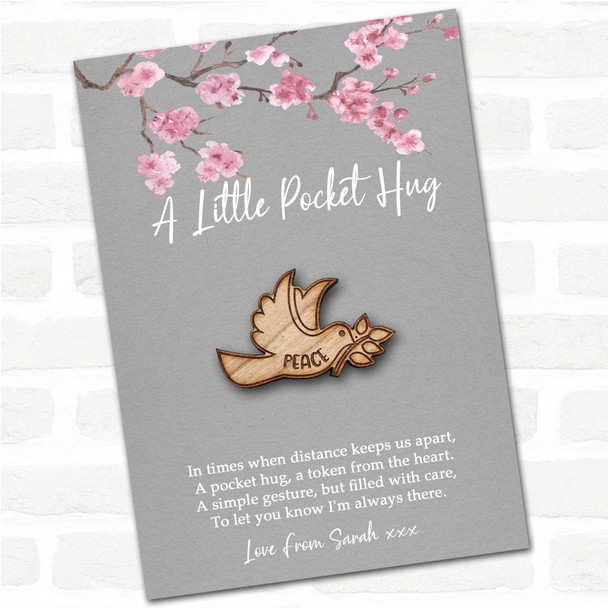Dove A Branch Grey Pink Blossom Personalised Gift Pocket Hug