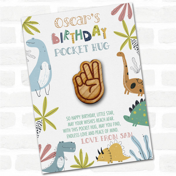 Peace Fingers Kid's Boys Birthday Dinosaur Personalised Gift Pocket Hug