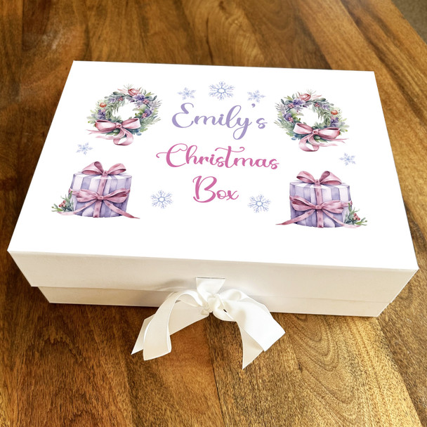 Girl Christmas Box Pretty Pink Purple Wreath & Gifts Personalised Gift Box