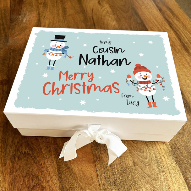 Groovy Merry Christmas Snowmen Stars Light Blue Cousin Personalised Gift Box