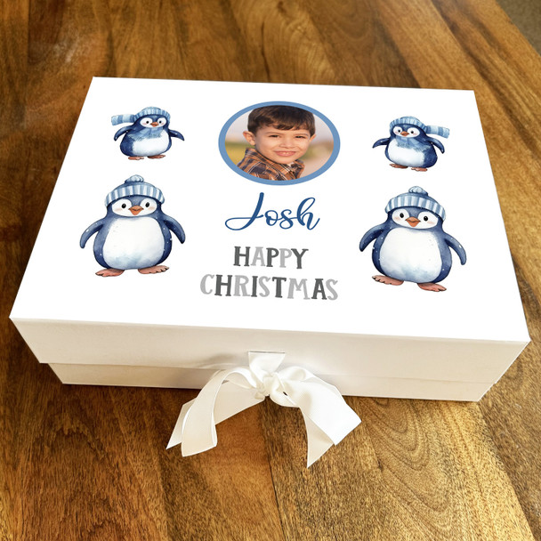 Happy Christmas Blue Penguin Boy Photo Personalised Xmas Hamper Gift Box