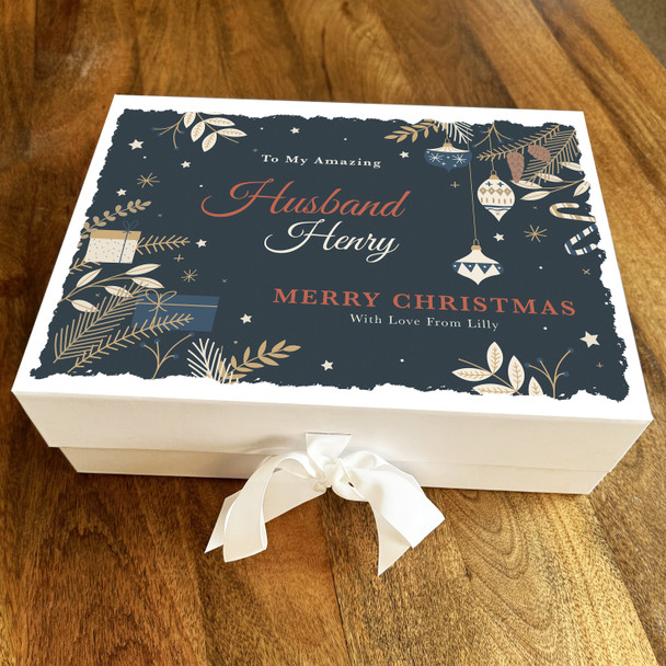 Husband Christmas Decoration Navy & Neutral Winter Border Personalised Gift Box