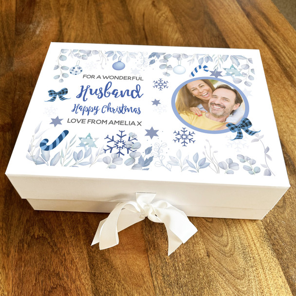 Husband Happy Christmas Winter Blue Leaves Photo Personalised Hamper Gift Box