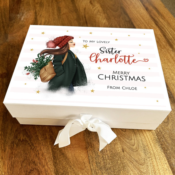 Merry Christmas Lovely Sister Girl In Red Hat Winter Scene Personalised Gift Box