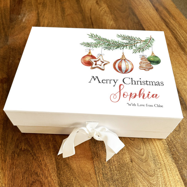 Merry Christmas Pine Branch & Baubles Personalised Xmas Hamper Gift Box