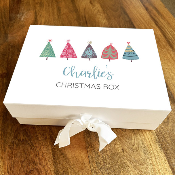 Modern Christmas Box Colourful Trees Personalised Xmas Hamper Gift Box