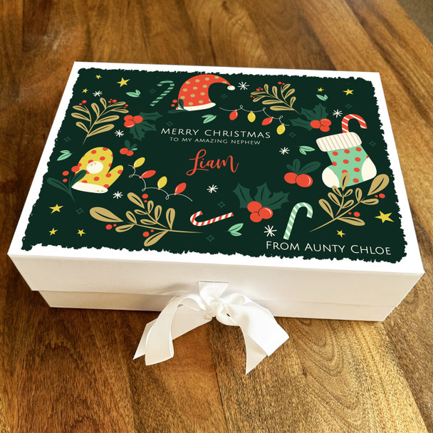 Nephew Christmas Icons Floral Deep Green Personalised Xmas Hamper Gift Box