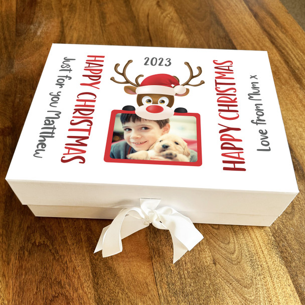 Reindeer Happy Christmas Photo Red Personalised Xmas Hamper Gift Box