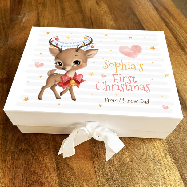 Babies 1st Christmas Baby Deer Hearts Stars Festive Personalised Hamper Gift Box