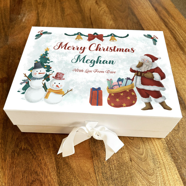 Santa Claus Snowmen Tree & Bells Festive Merry Christmas Personalised Gift Box