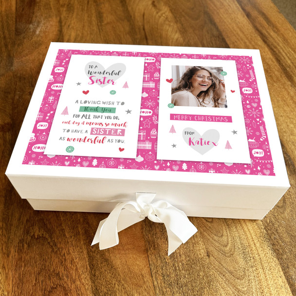 Sister Christmas Poem Pink Bright Border Photo Personalised Xmas Hamper Gift Box