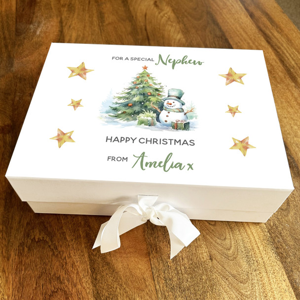 Special Nephew Happy Christmas Green Snowman Stars Personalised Hamper Gift Box