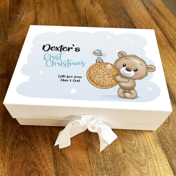 Babies 1st Christmas Bauble Teddy Bear Festive Blue Personalised Hamper Gift Box