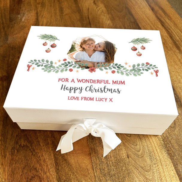 Wonderful Mum Happy Christmas Floral Photo Personalised Xmas Hamper Gift Box