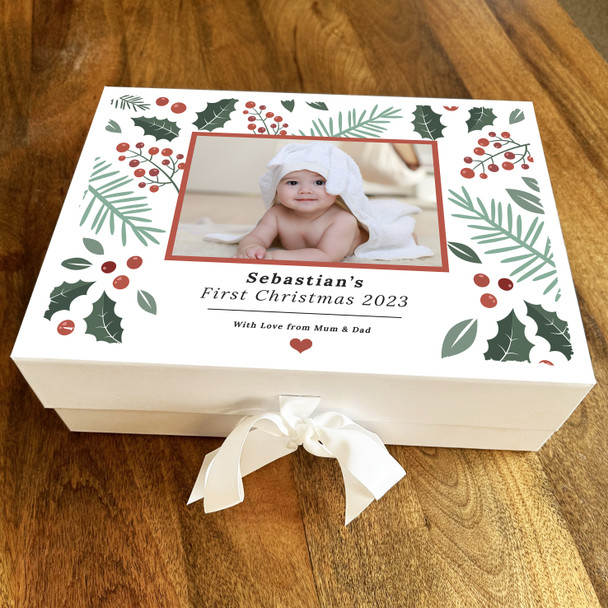 Babies 1st Christmas Festive Flowers Photo Frame Personalised Hamper Gift Box