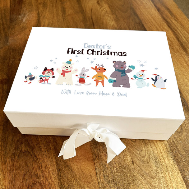 Babies 1st Christmas Happy Snow Animals Personalised Xmas Hamper Gift Box