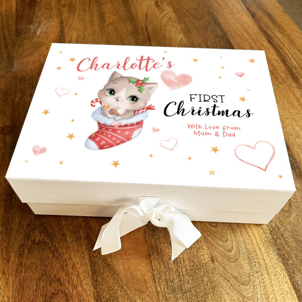 Babies 1st Christmas Kitten Sock Stars Hearts Festive Personalised Gift Box