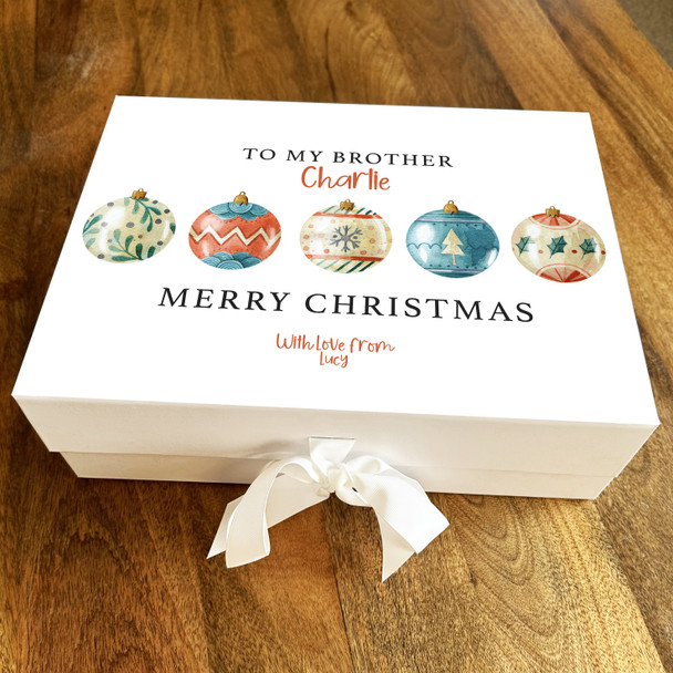 Brother Merry Christmas Vintage Festive Baubles Personalised Hamper Gift Box