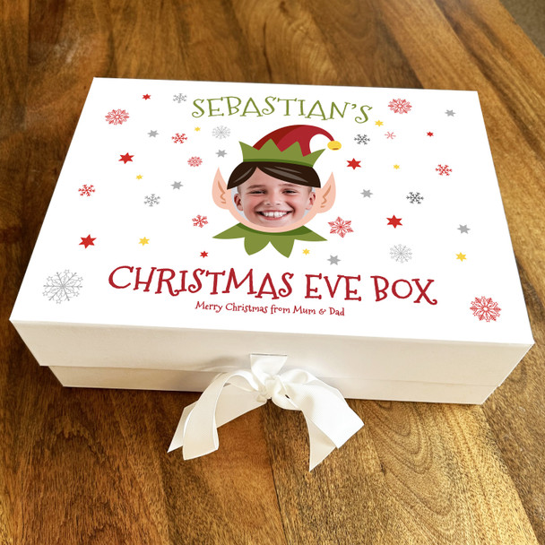 Christmas Eve Box Funny Elf Photo Snowflakes Personalised Xmas Hamper Gift Box
