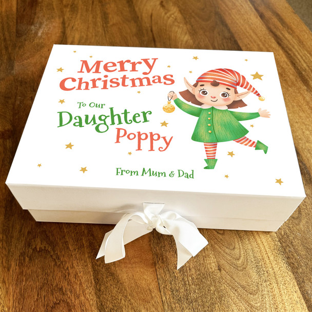 Daughter Merry Christmas Bright Elf Girl & Stars Personalised Hamper Gift Box