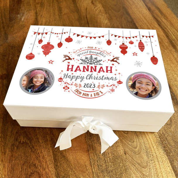 Daughter Red Happy Christmas Ornament Bauble Photo Personalised Hamper Gift Box