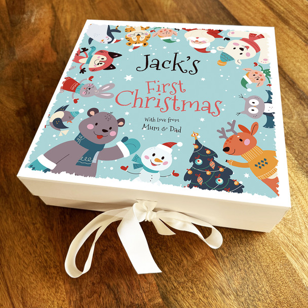 Babies 1st Christmas Animals Border Blue Winter Personalised Square Gift Box