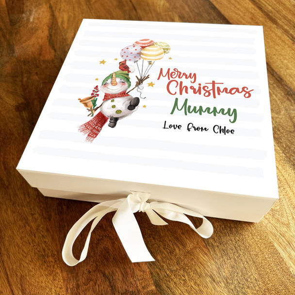 Merry Christmas Mummy Flying Snowman With Balloons Personalised Square Gift Box